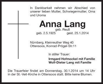 Traueranzeige von Anna Lang von Pegnitz-Zeitung